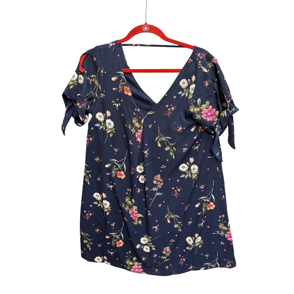 mmm Floral  Dress Womens Medium Navy Blue Excellent Tie Sleeve Cutout Back